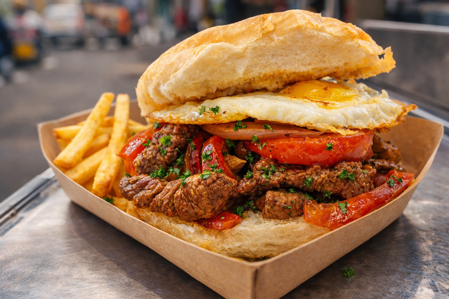 Lomo saltado sandwich