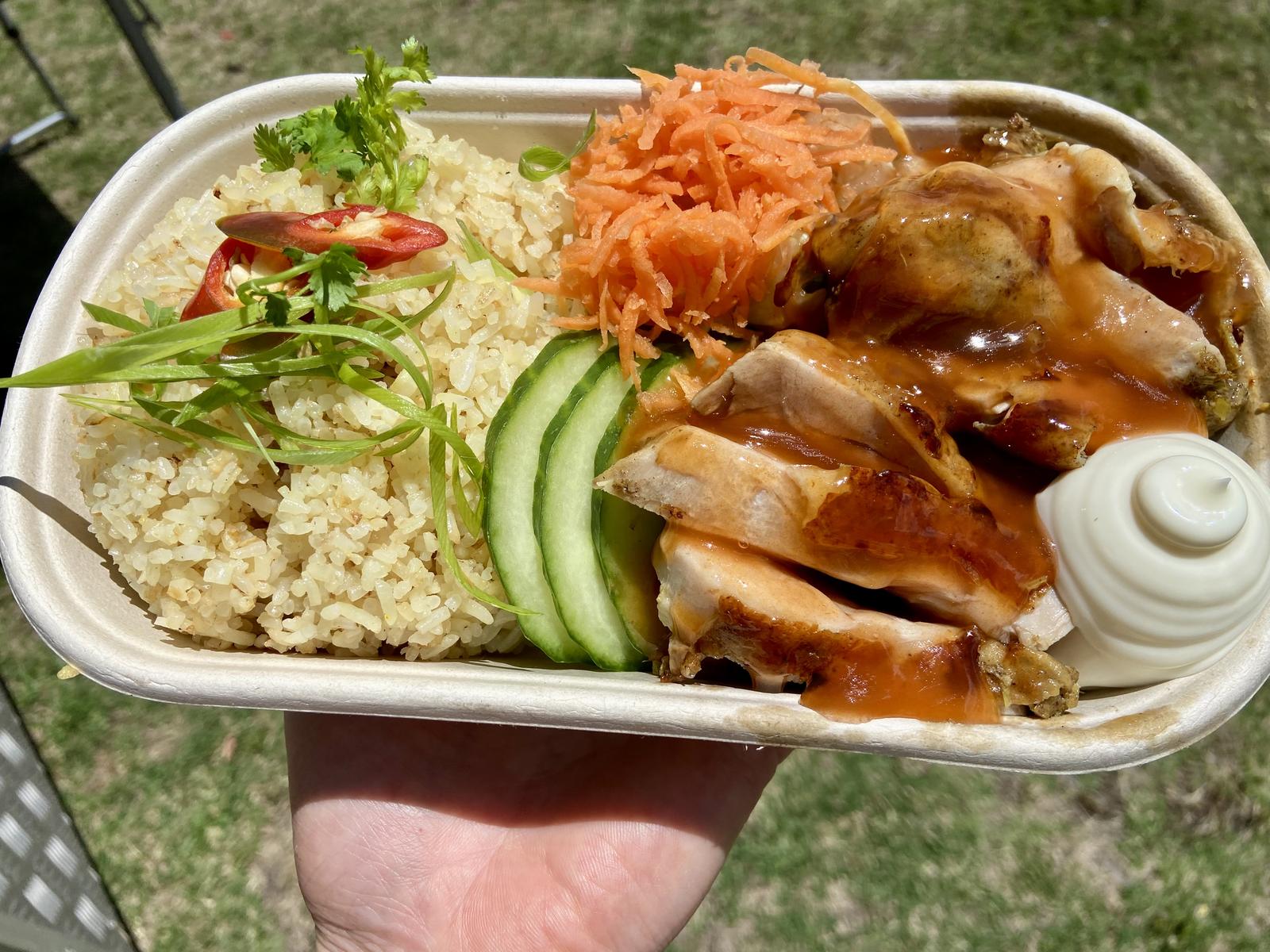 Lemon grass lime leave grilled chicken with garlic fried rice