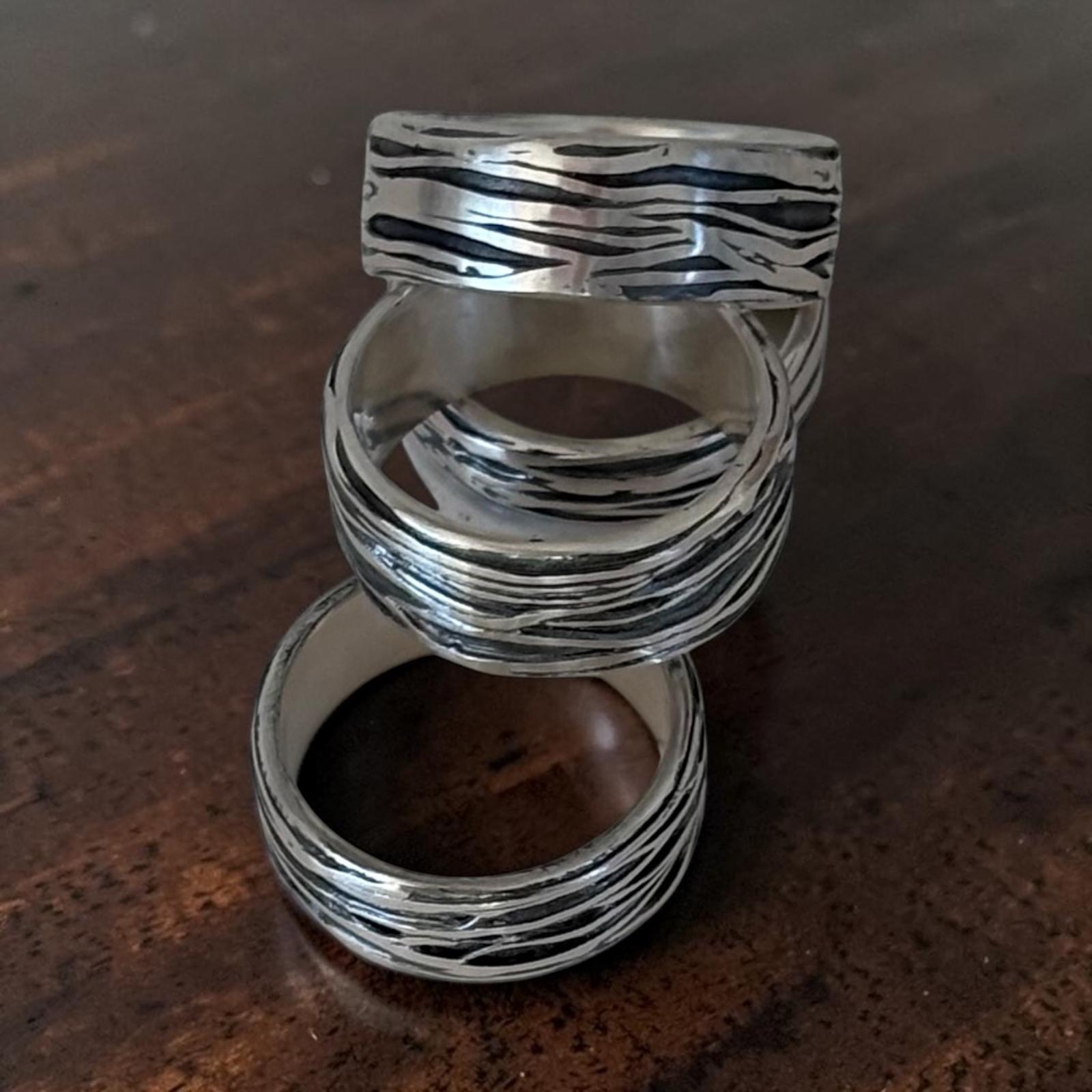 Silver metal clay rings with patina