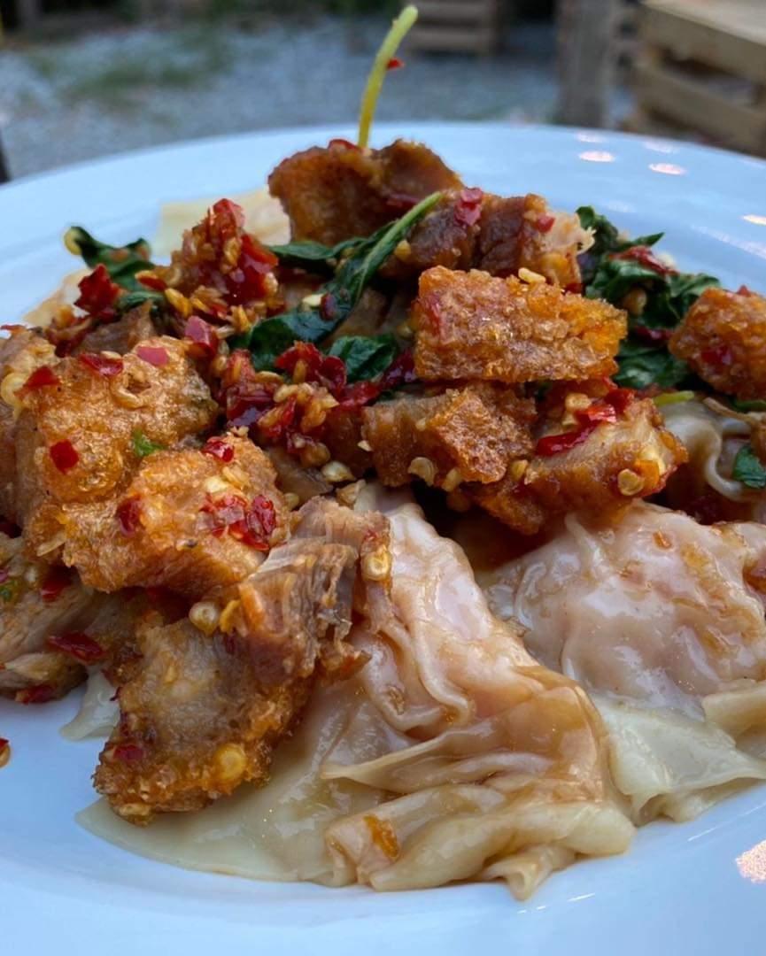 Stir-fried Basil Pork belly with Pork dumplings