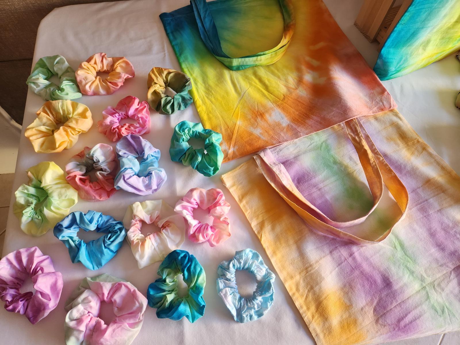 Tie dye scrunchies and bags