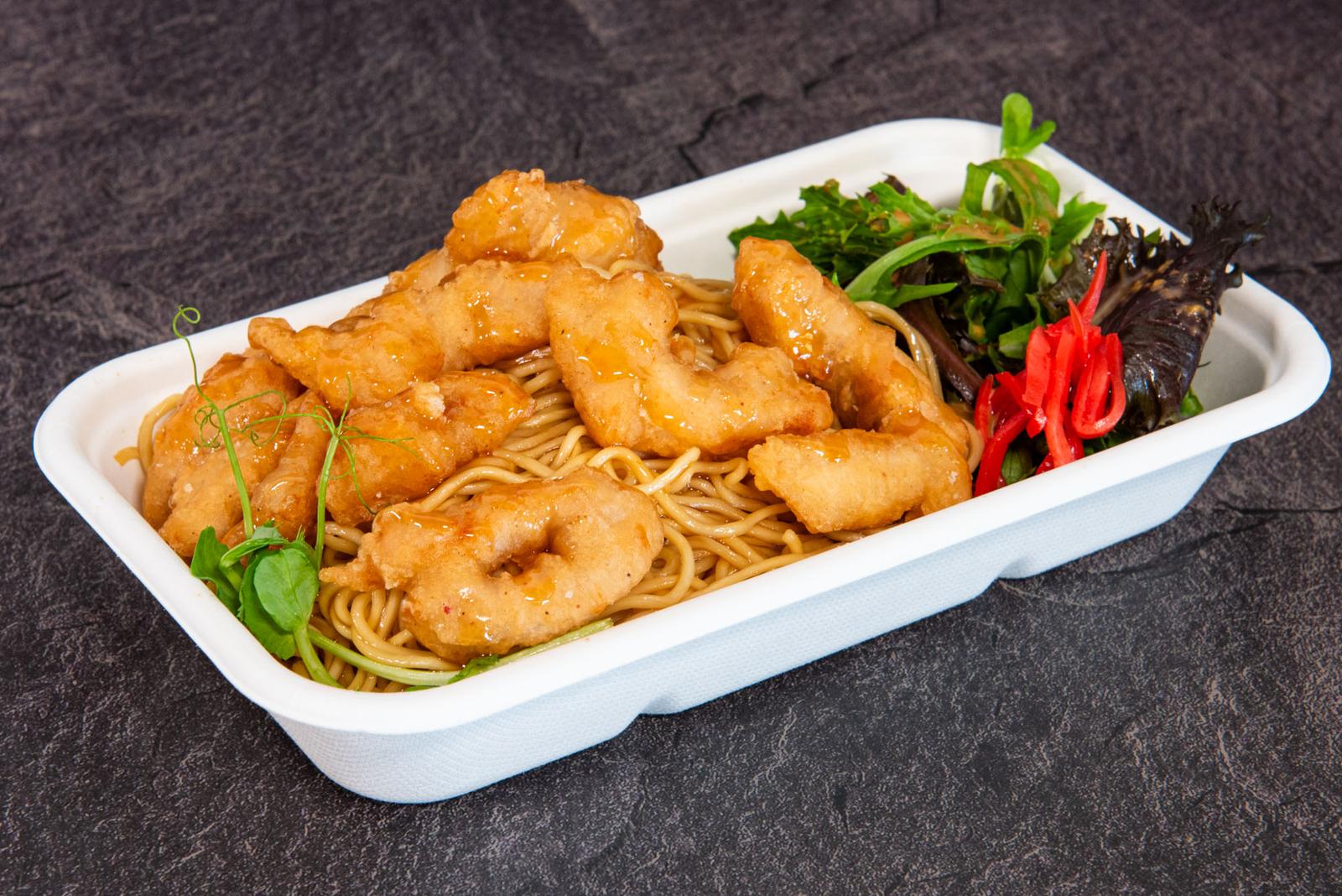 Wonton noodles with sweet sour chicken