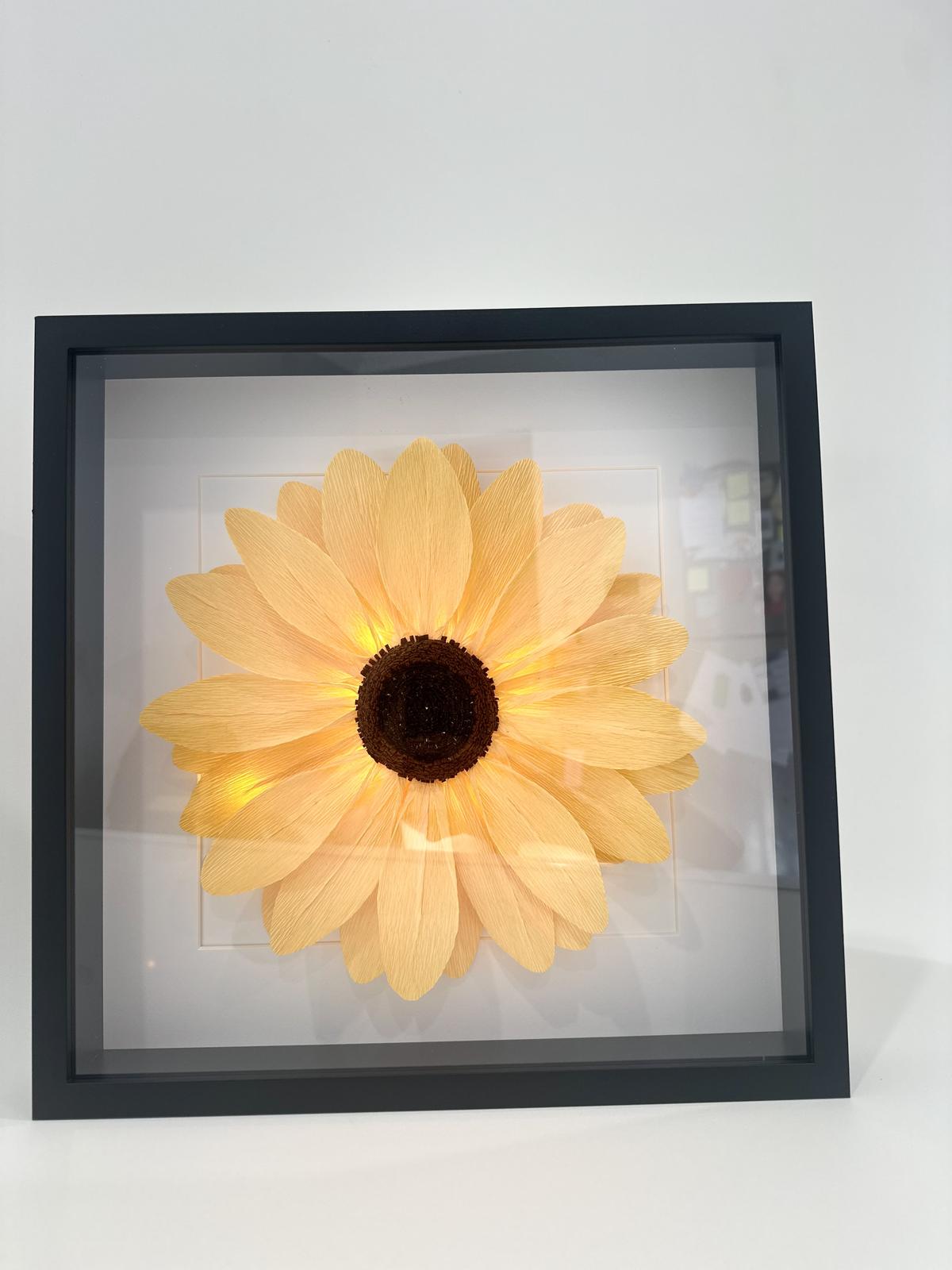3D big sunflower in a frame with fairy lights