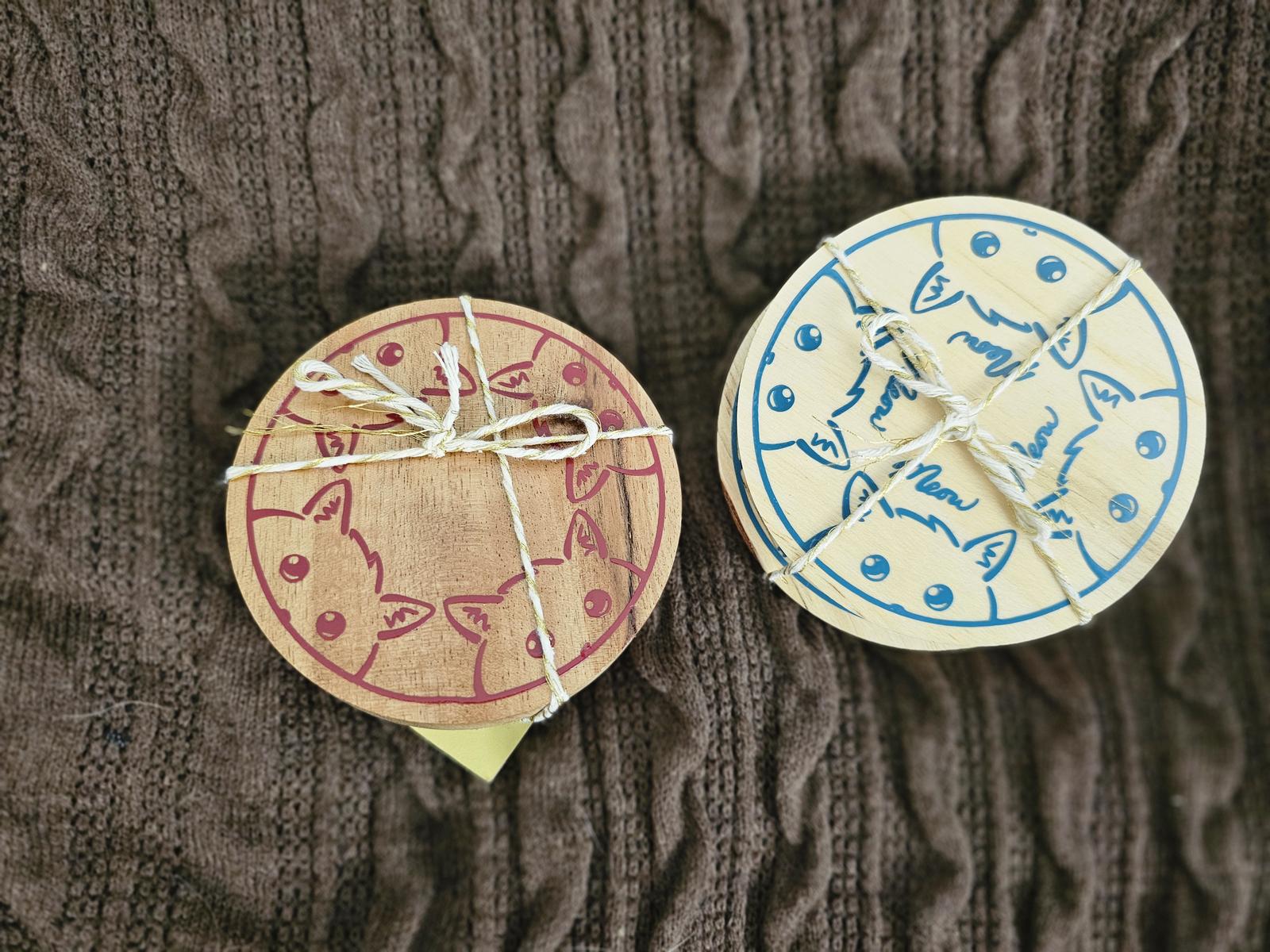 Acacia Coasters with cute cat design