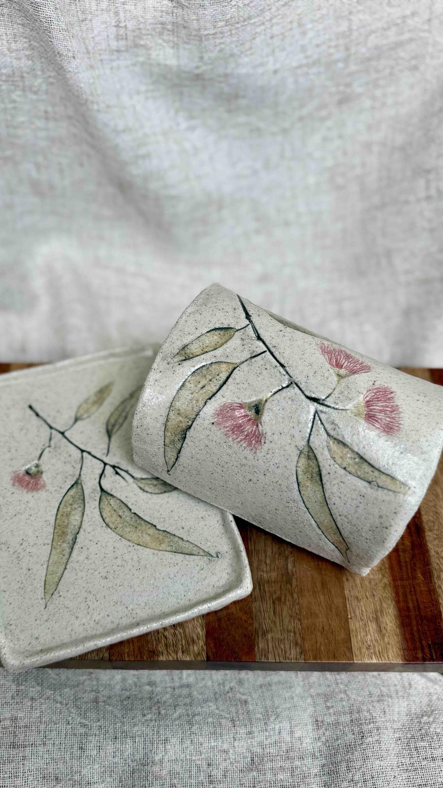 Stoneware Butter Dish - Pink Eucalyptus Bloom