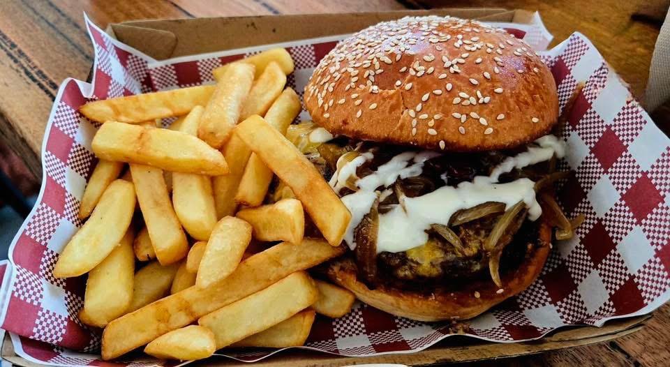 Twin spiced beef smash burger with truffle aioli and chilli jam